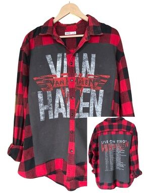 Van Halen Upcycled Flannel Shirt Band T Shirt Shacket Boyfriend Oversized Jacket